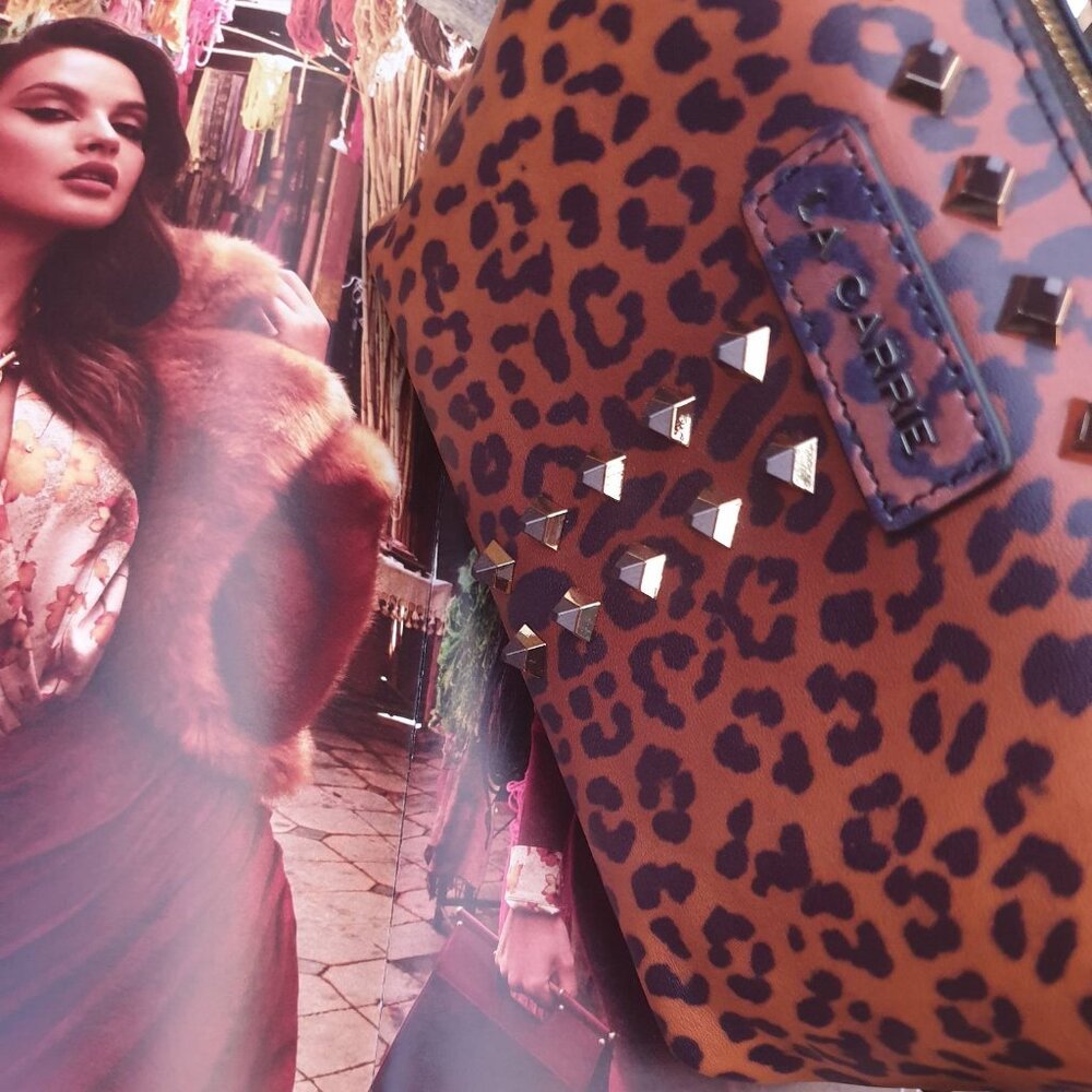 Women Handbag Leopard Tiger Print Studded Bag Purse LA CARRIE Italian Leather